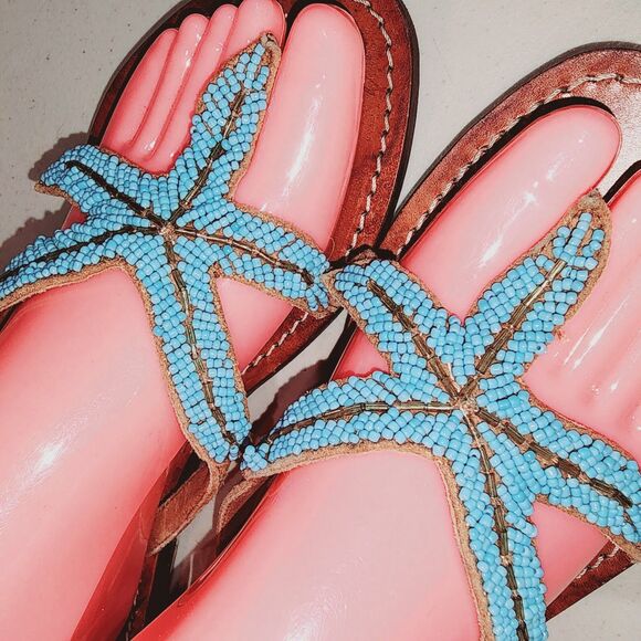 MYSTIQUE Sz 9 Teal Beaded Starfish Beach Resort Kuwai Leather Handmade Sandals - Picture 5 of 14